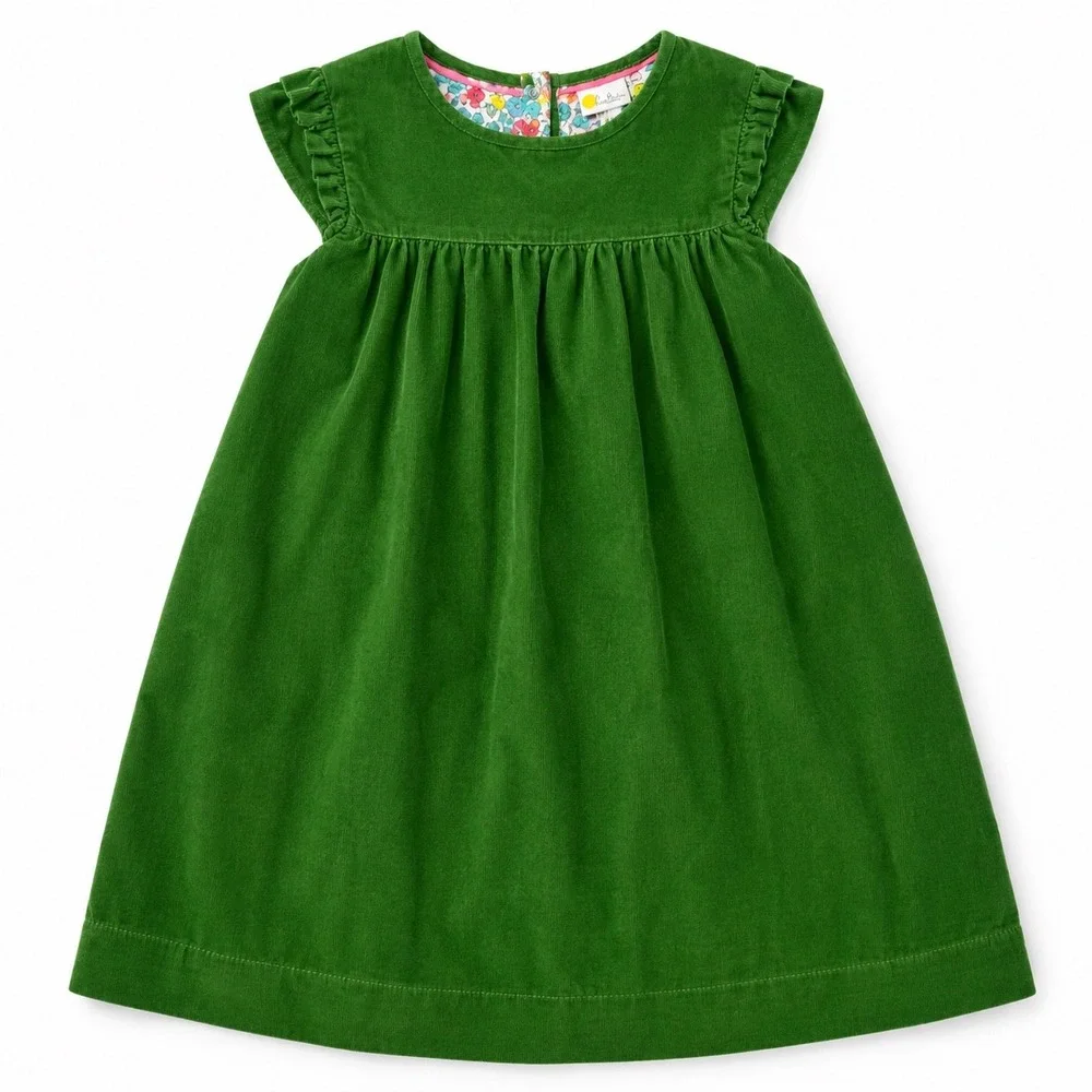 Mini Boden Girls Green Corduroy Dress 8-9Y Floral Lined Pockets Fall Cottagecore